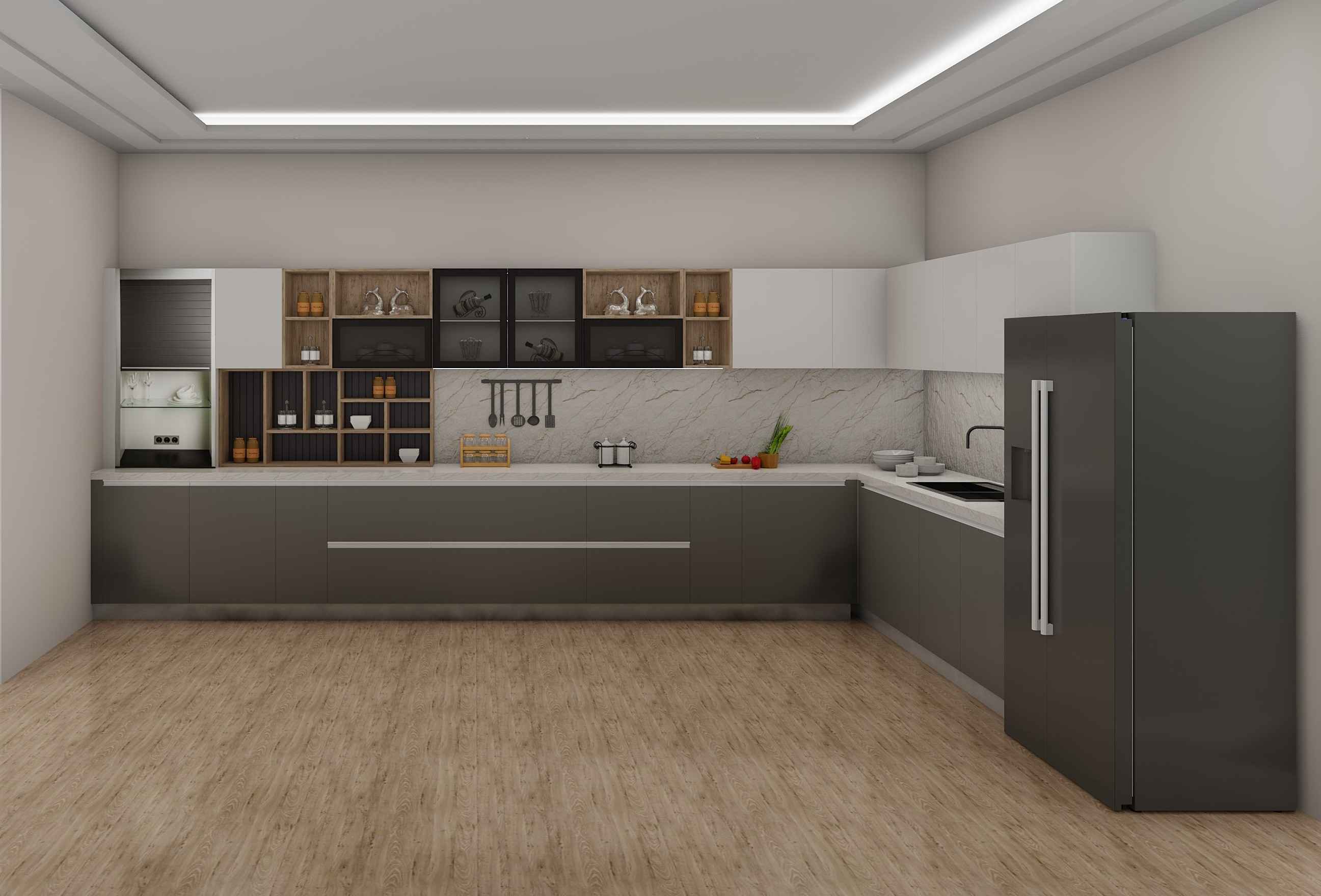 L Shaped Grey White Modular Kitchen Design