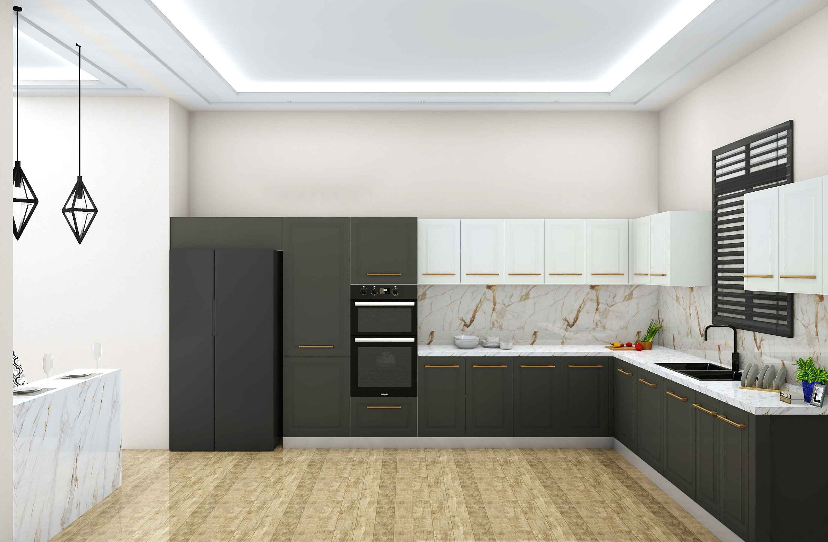 Black White L Shaped Modular Kitchen Design