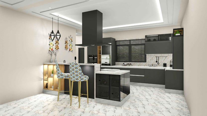 Black White Stylish Island Modular Kitchen Design
