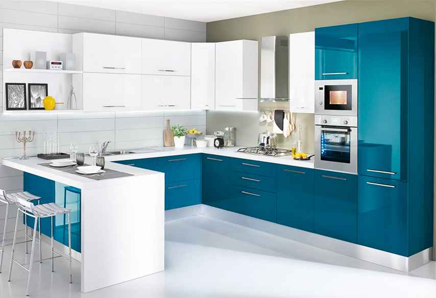 Blue White  U Shaped Modular Kitchen Design