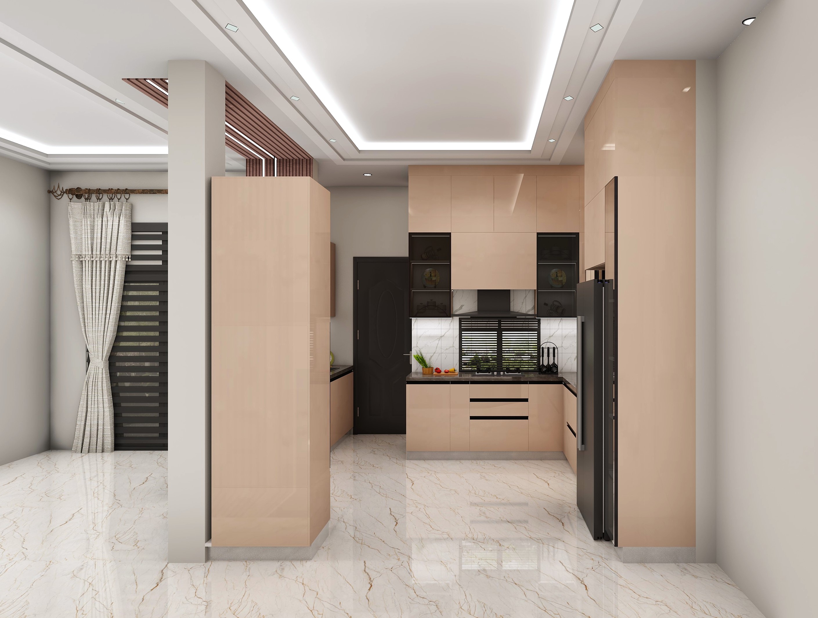 Brown And Cream Modular Kitchen Design