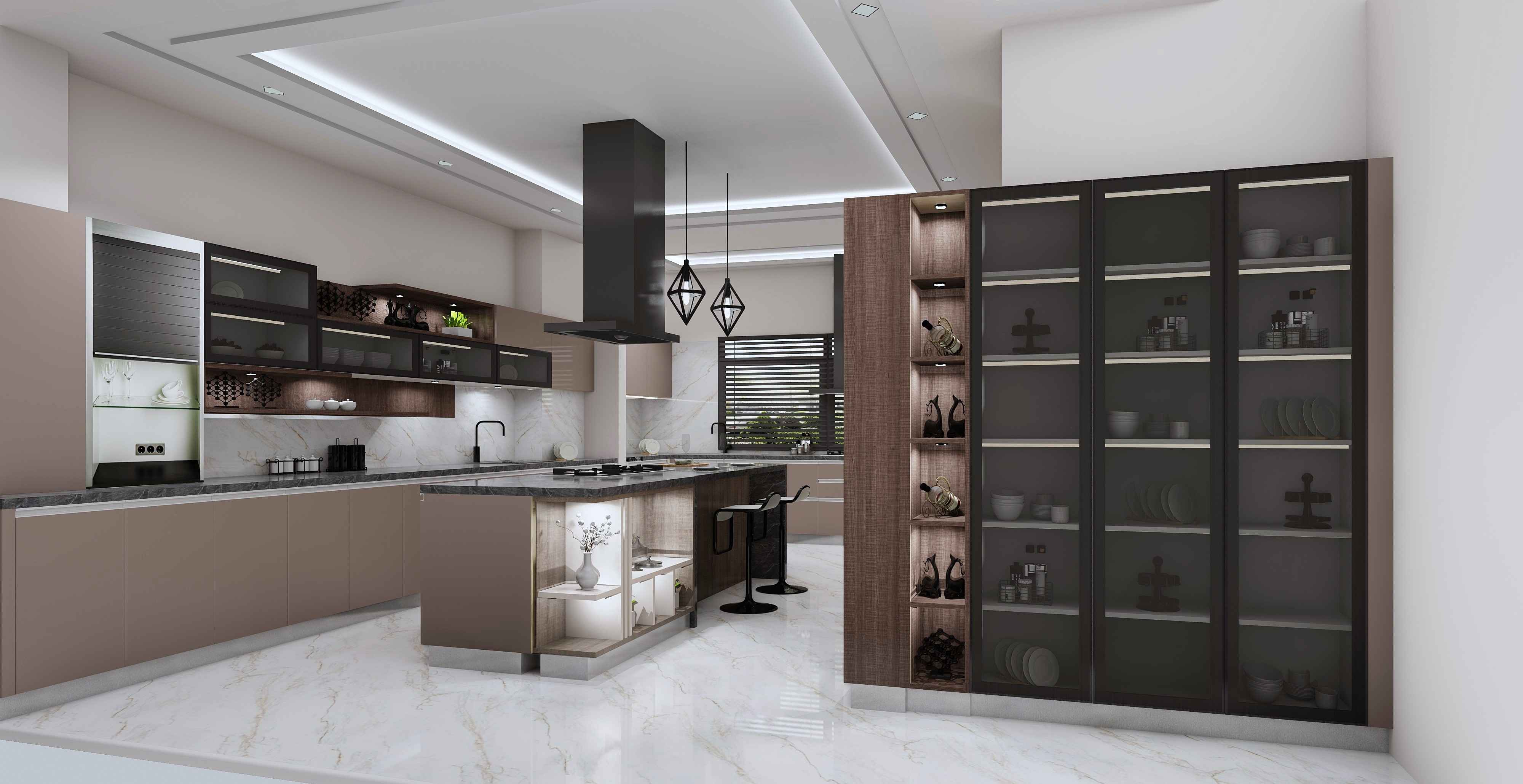 Brown Grey Island Modular Kitchen Design