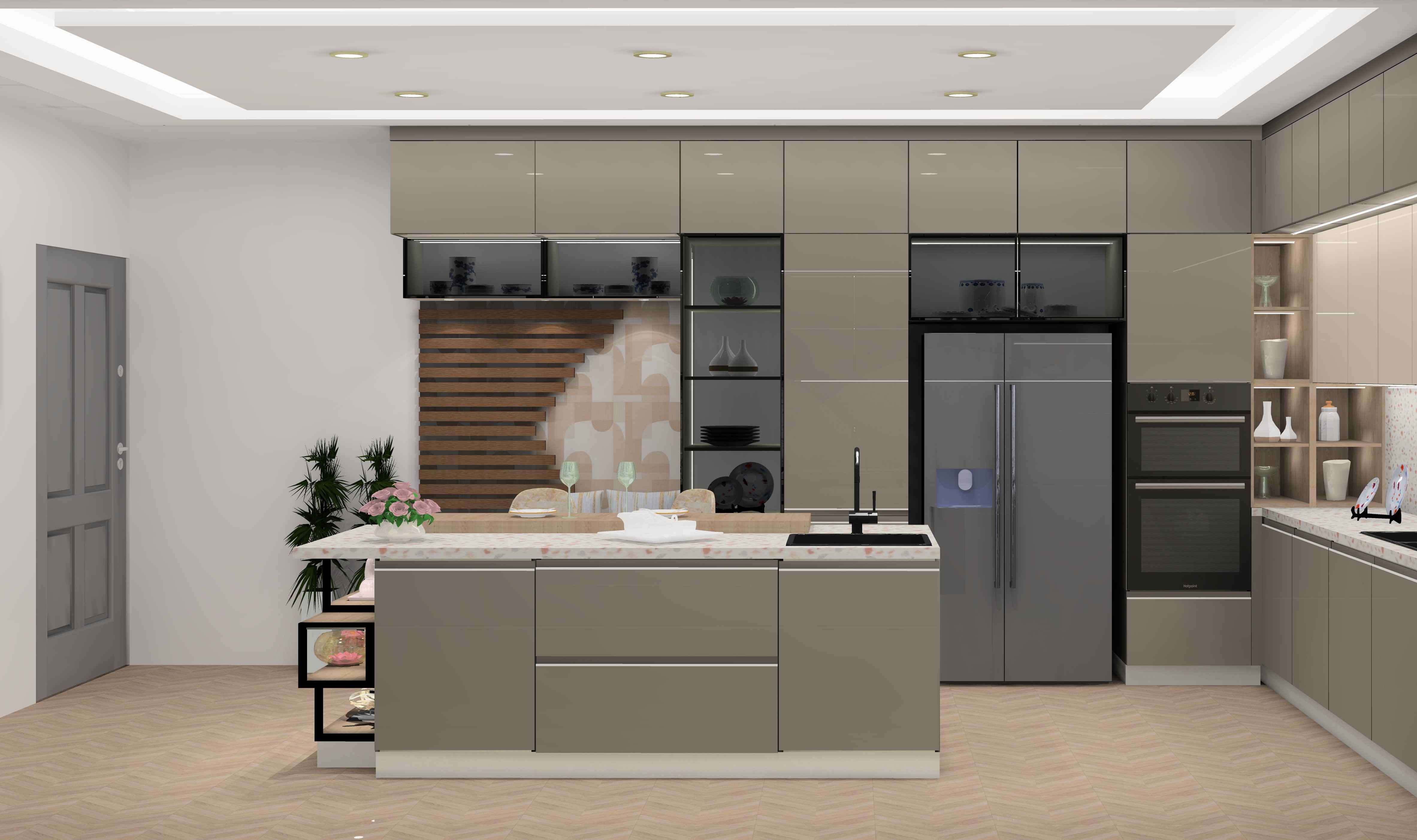 Brown White Island Modular Kitchen Design