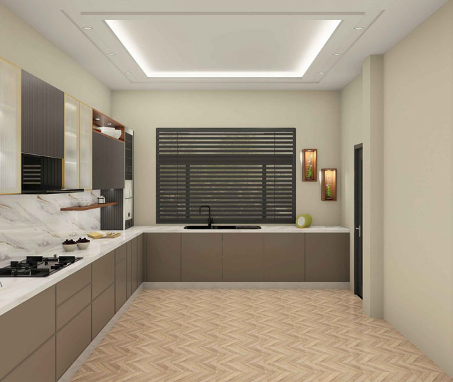 Brown White L Shaped Stylish Modular Kitchen Design