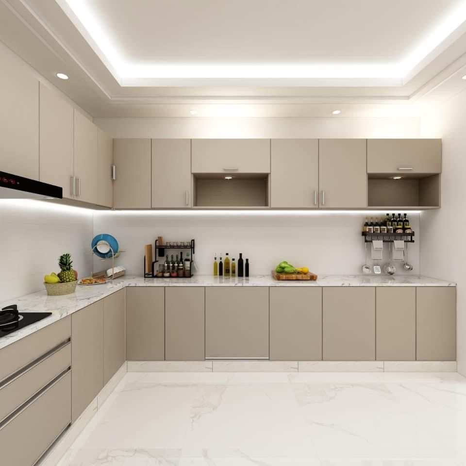 Creamy White L Shaped Kitchen Design