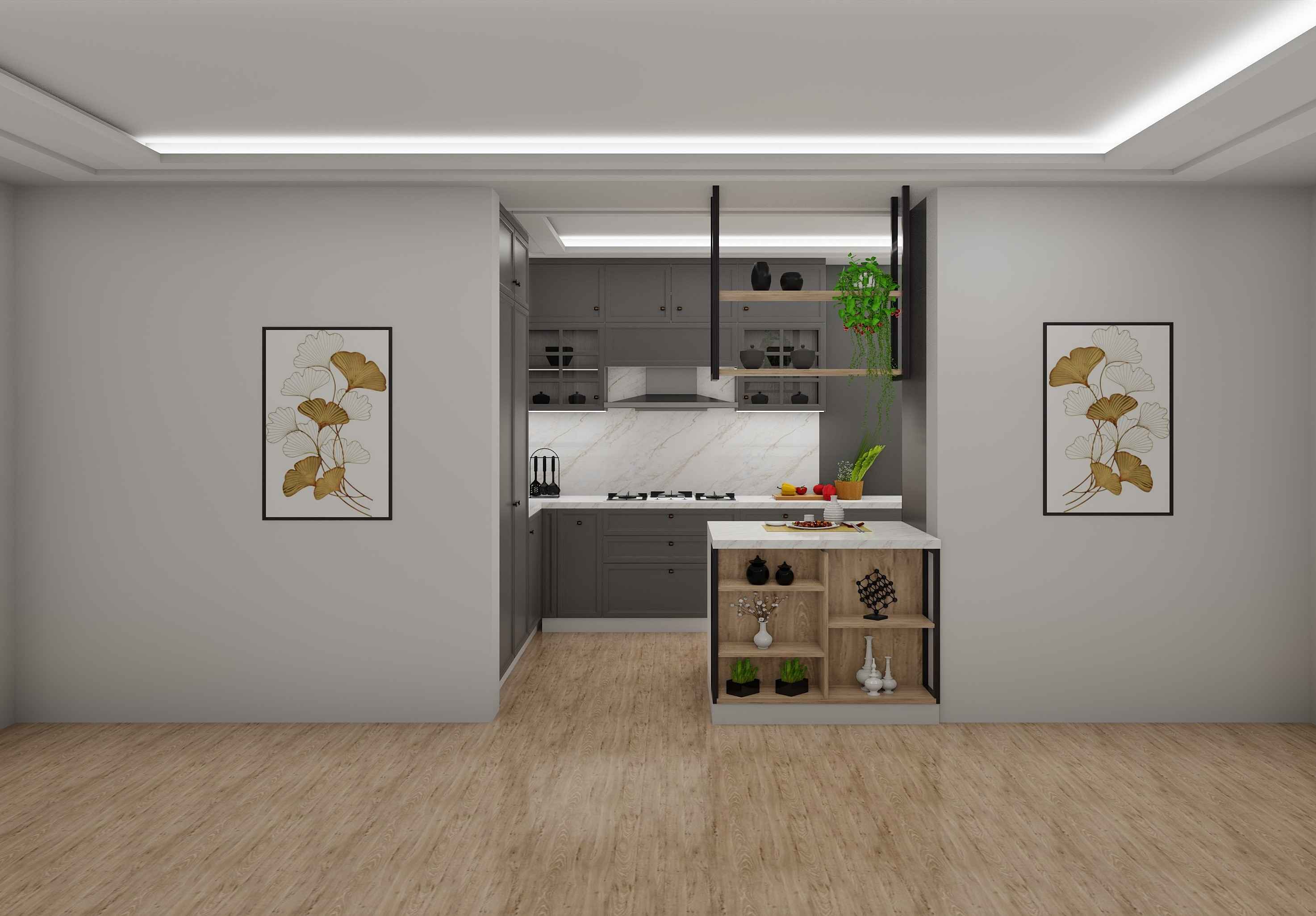 Dark Grey and White Island Modular Kitchen Design