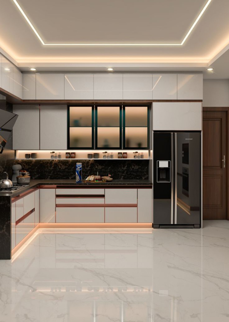 Off White and Black Sleek Modular Kitchen Design