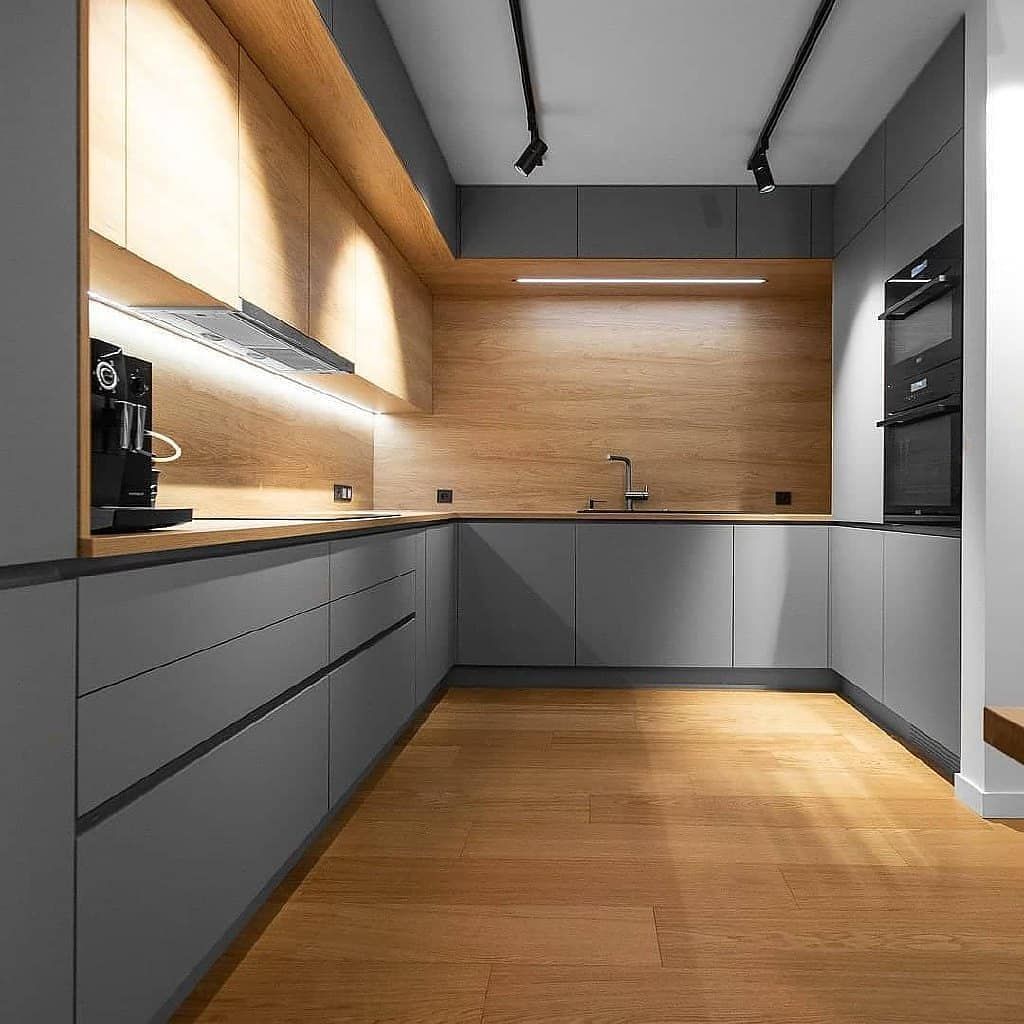 Wooden and Dark Grey Modular Kitchen Design