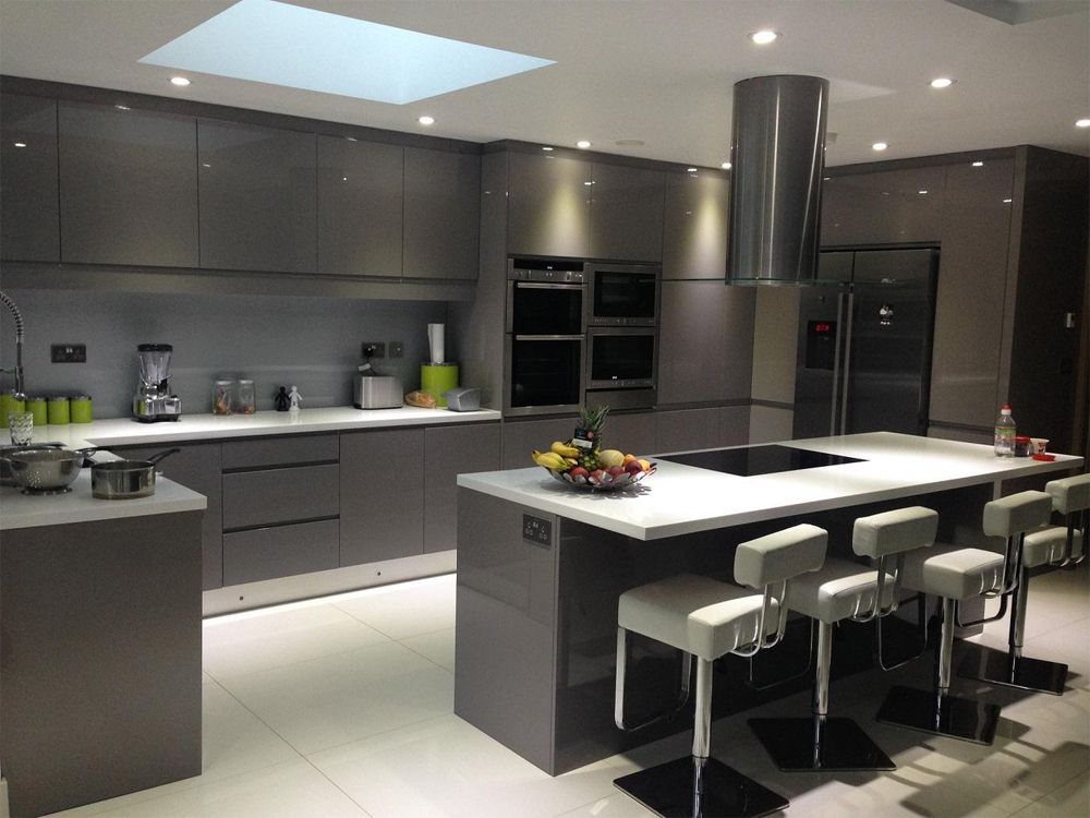 Glossy Grey Spacious Modular Kitchen Design