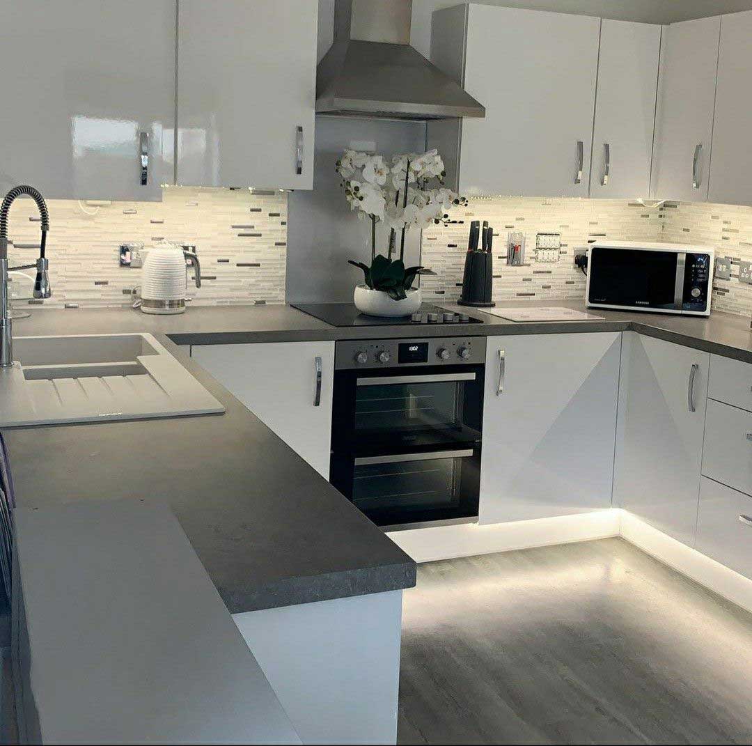 U Shaped Grey and White Modular Kitchen Design