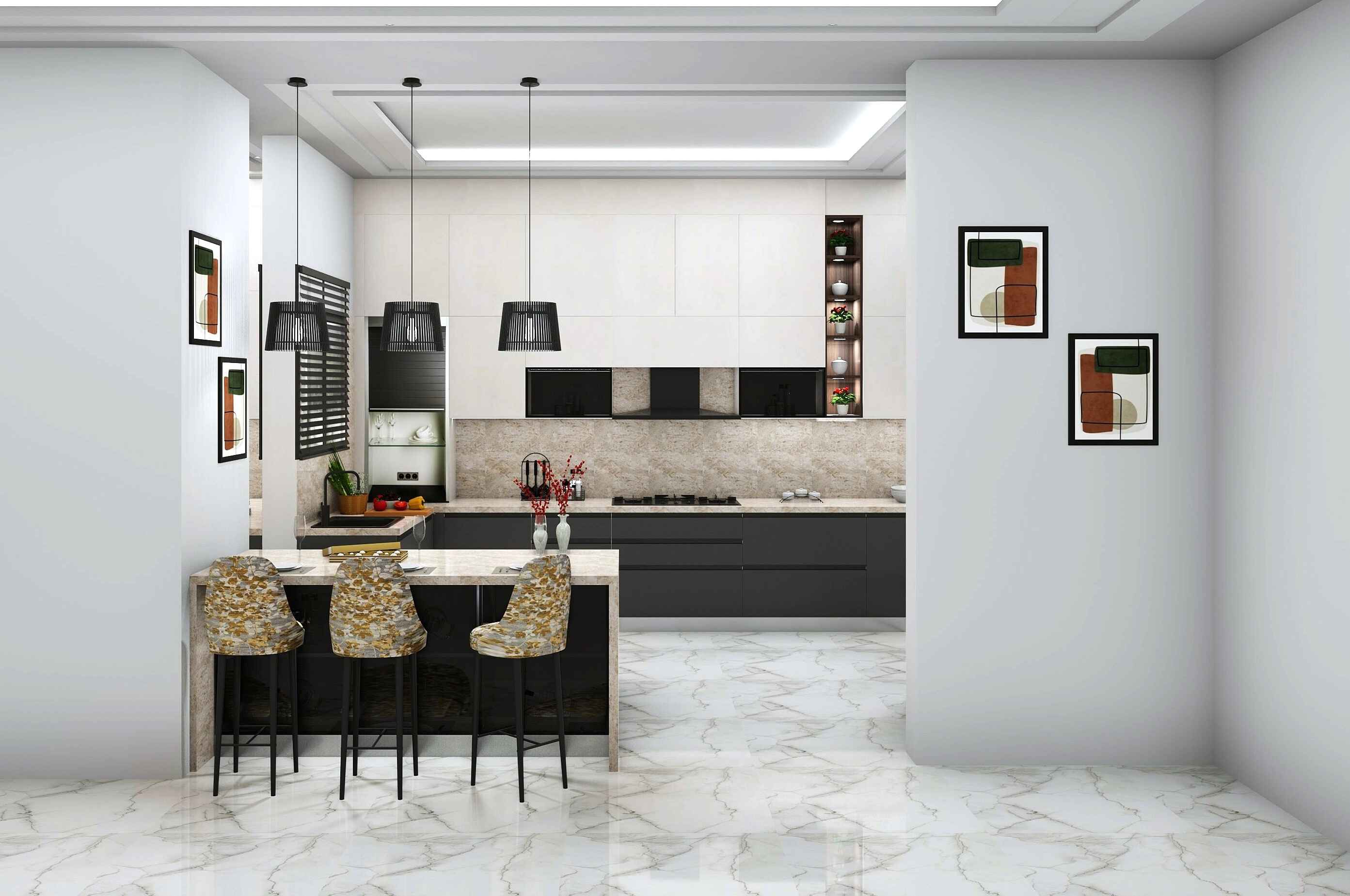 G Shaped White Grey Stylish Modular Kitchen Design