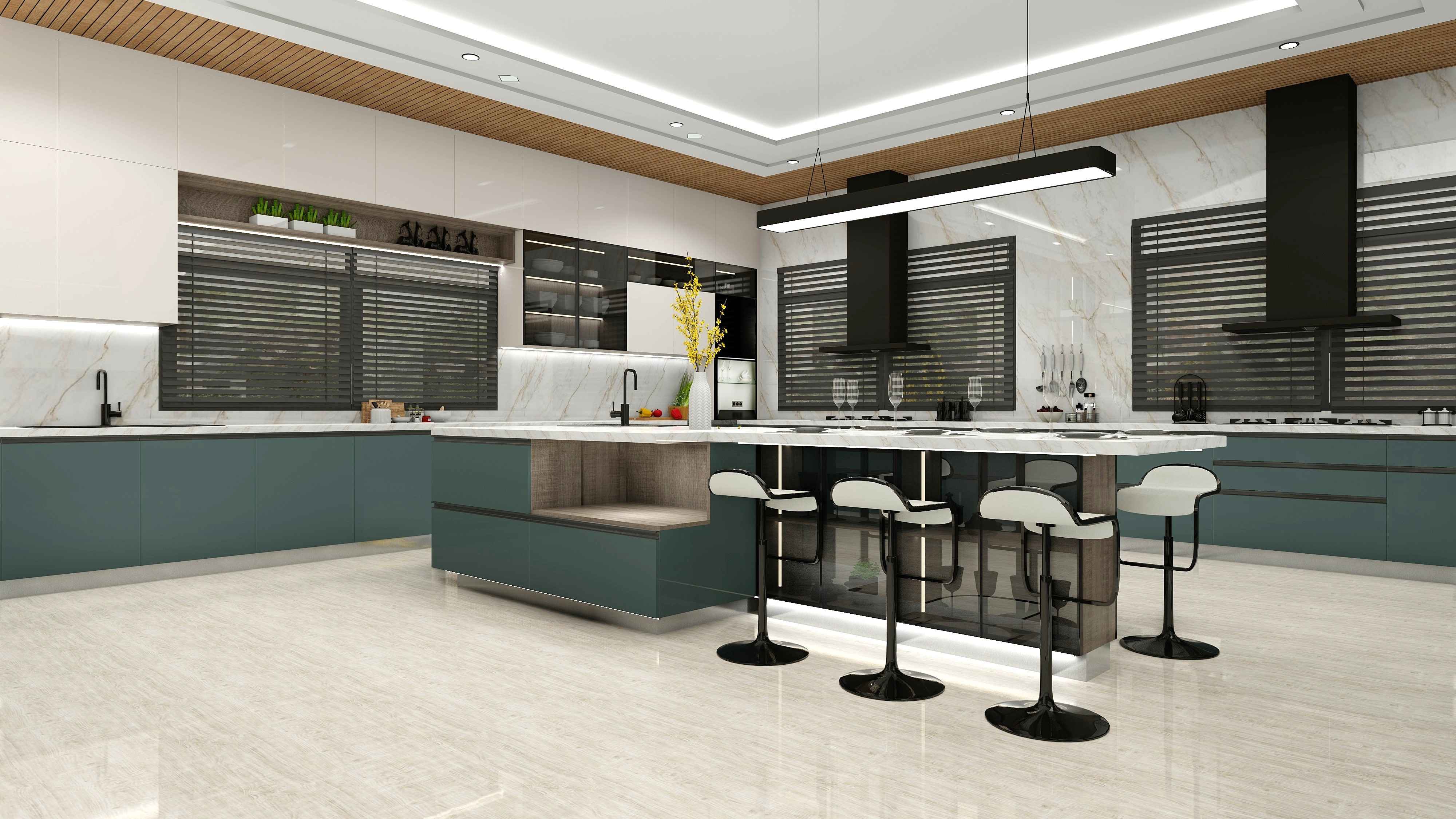Green White Island Modular Kitchen Design