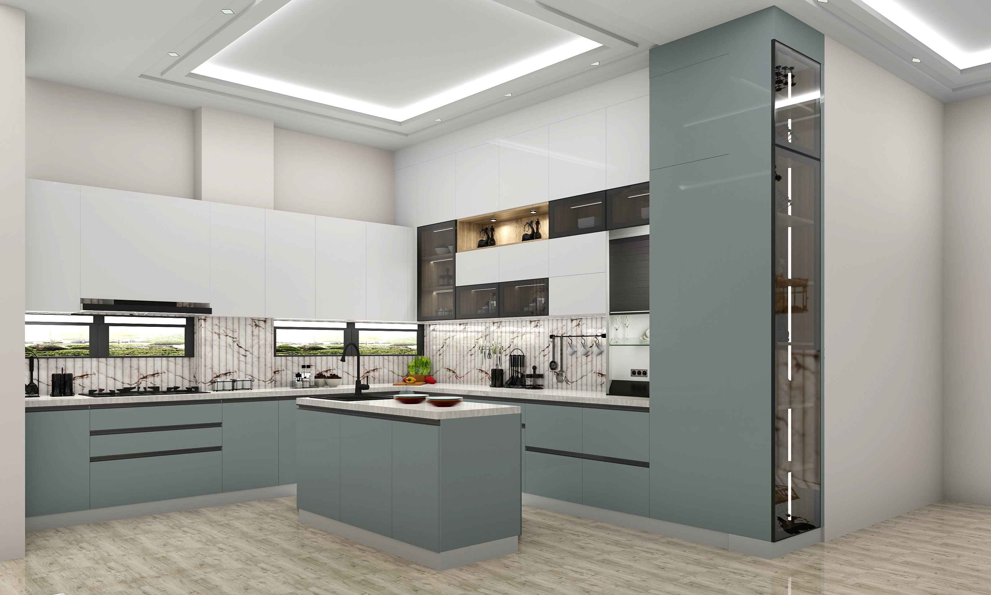 Green White Polished Island Modular Kitchen Design