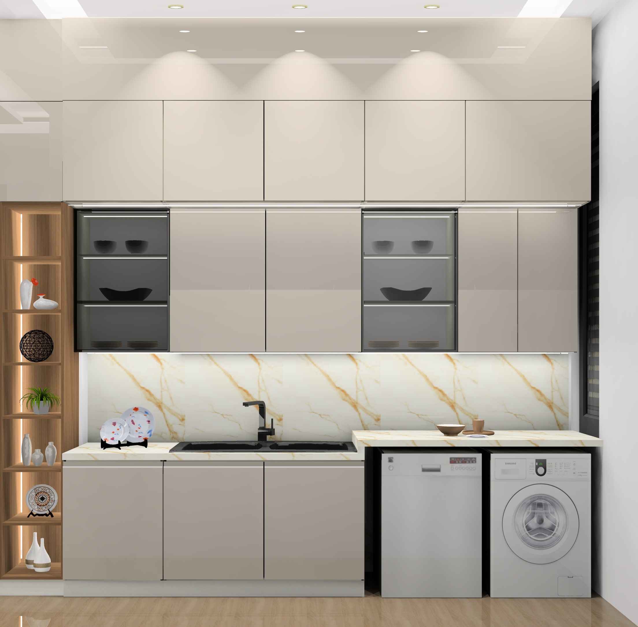Inline White Grey Stylish Modular Kitchen Design