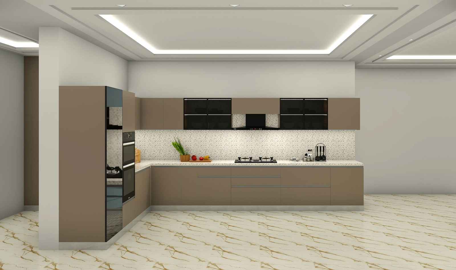 L Shaped Brown Modular Kitchen Design