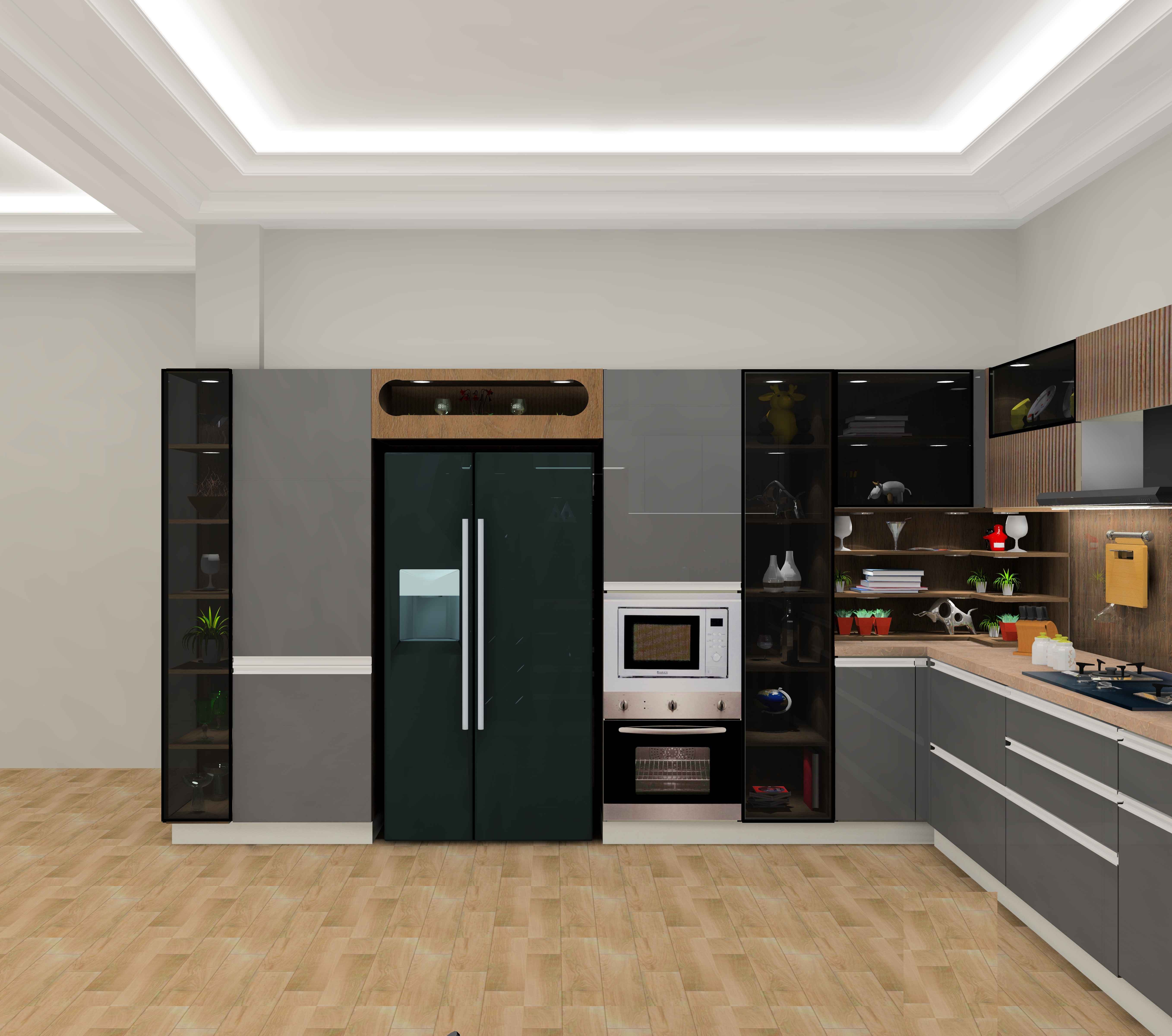 L Shaped Grey Black Modular Kitchen Design