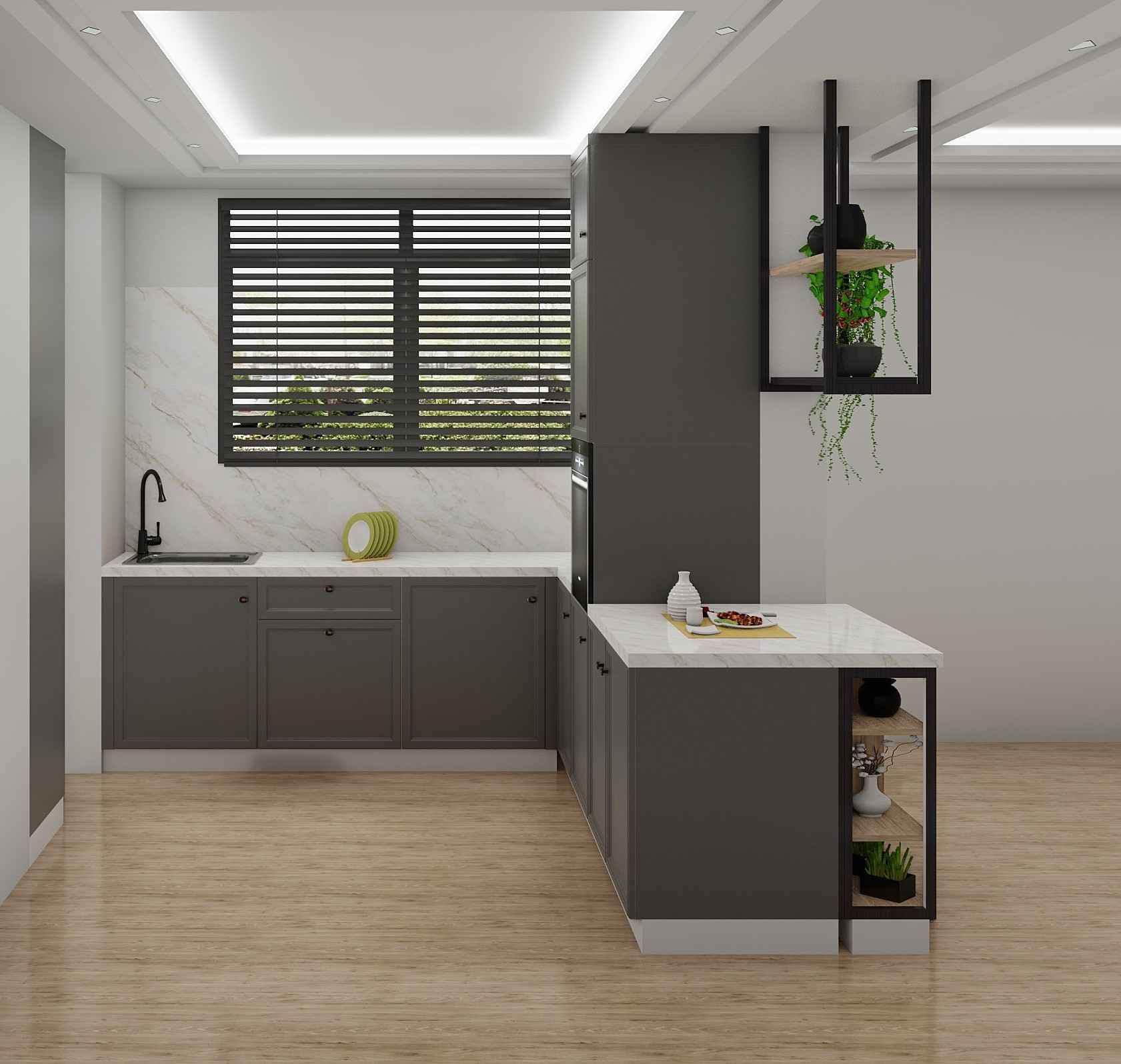 L Shaped Grey White Gourmet Modular Kitchen Design