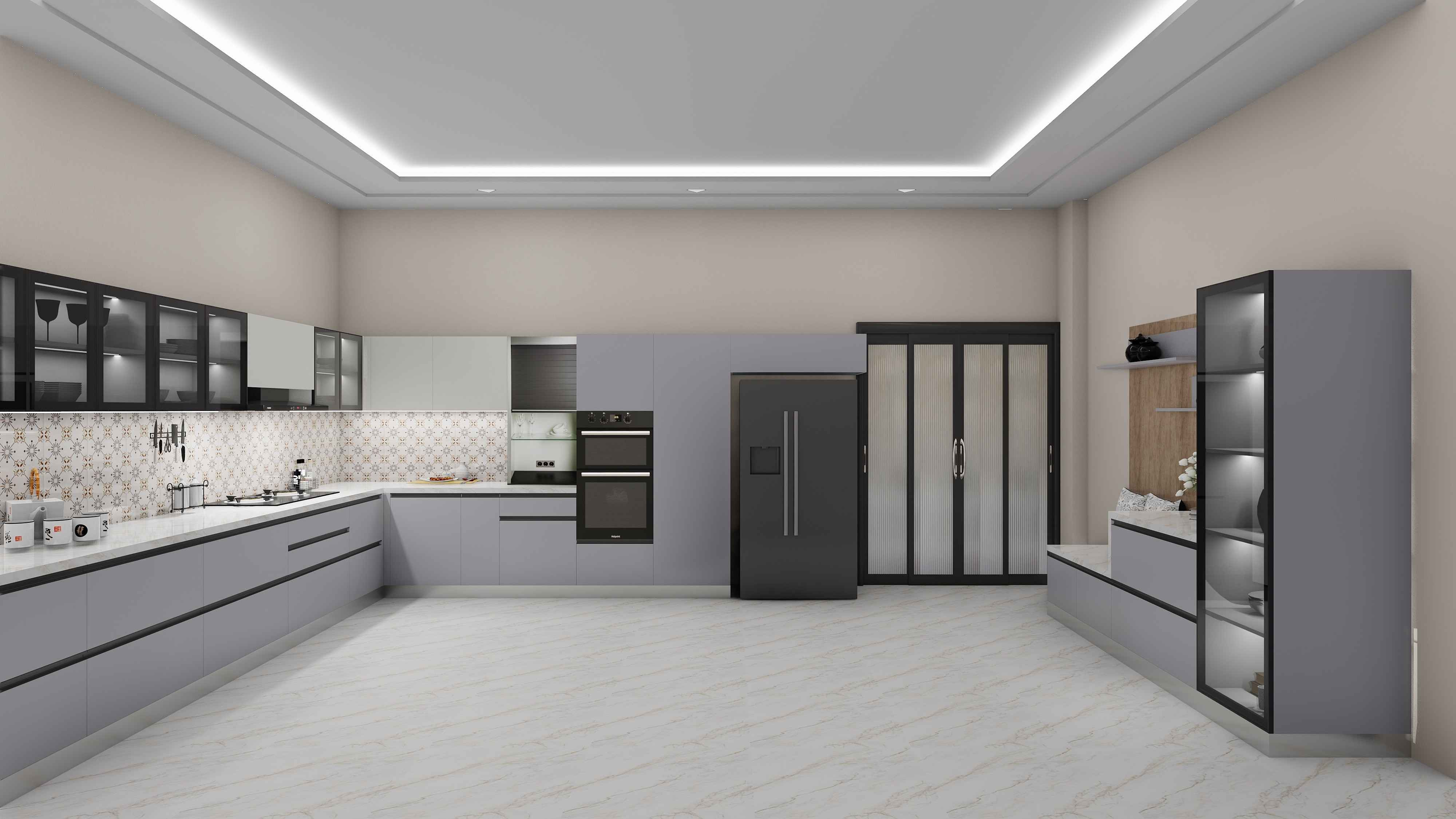 L Shaped Grey White Island Modular Kitchen Deisgn