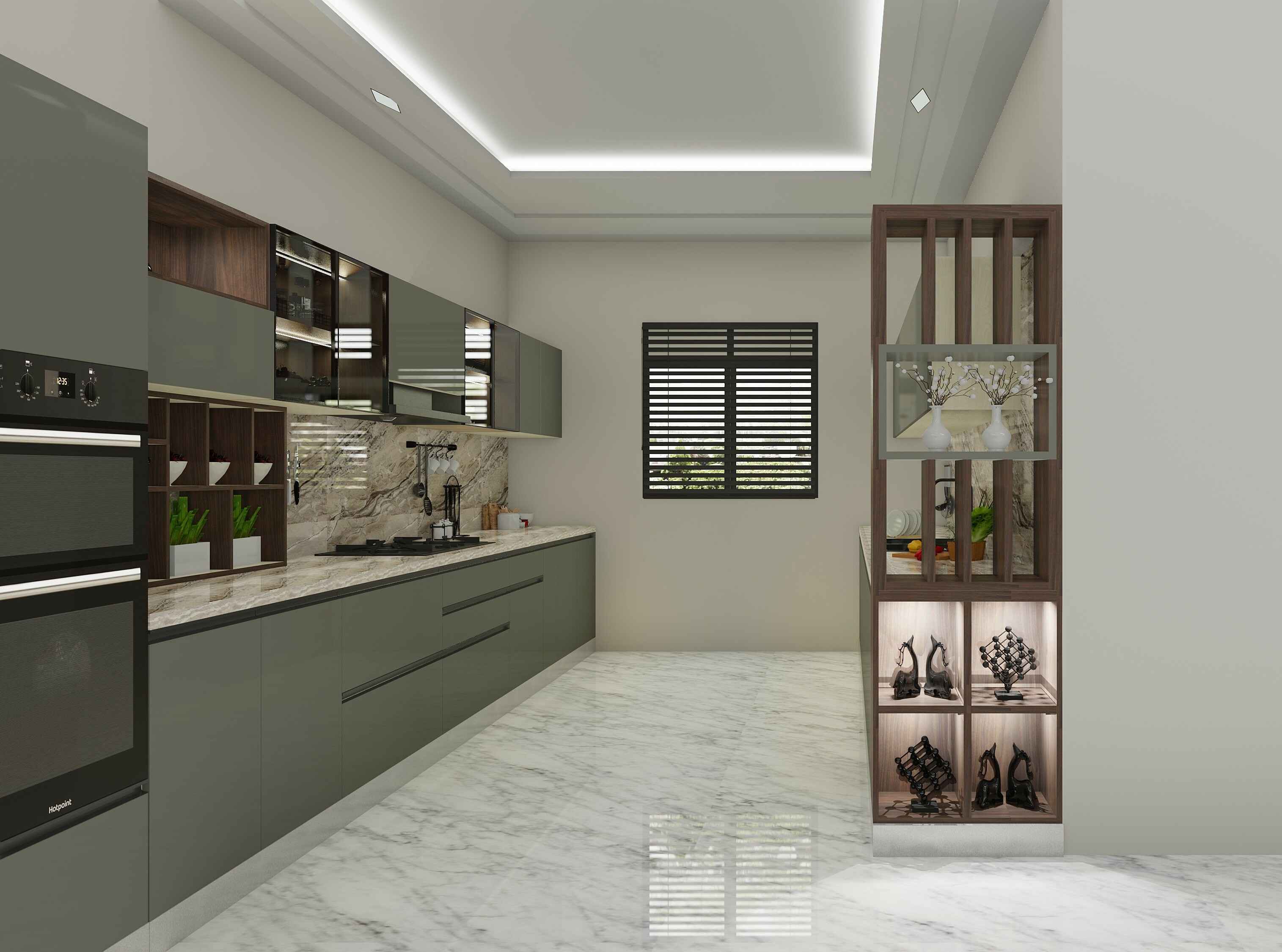 Latest Polished G Shaped Brown Modular Kitchen Design