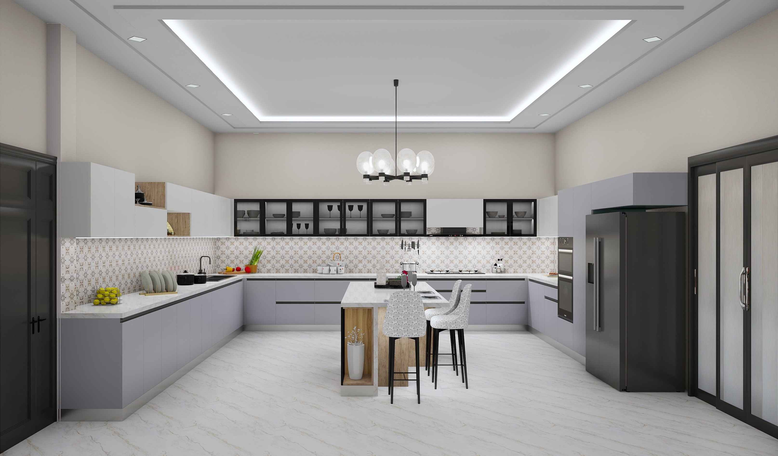 Polished Grey White Modular Kitchen Design