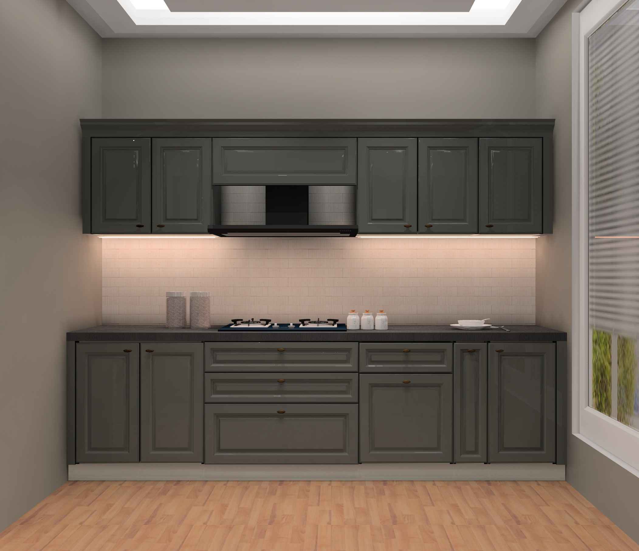 Trendy Inline Grey Black Modular Kitchen Design