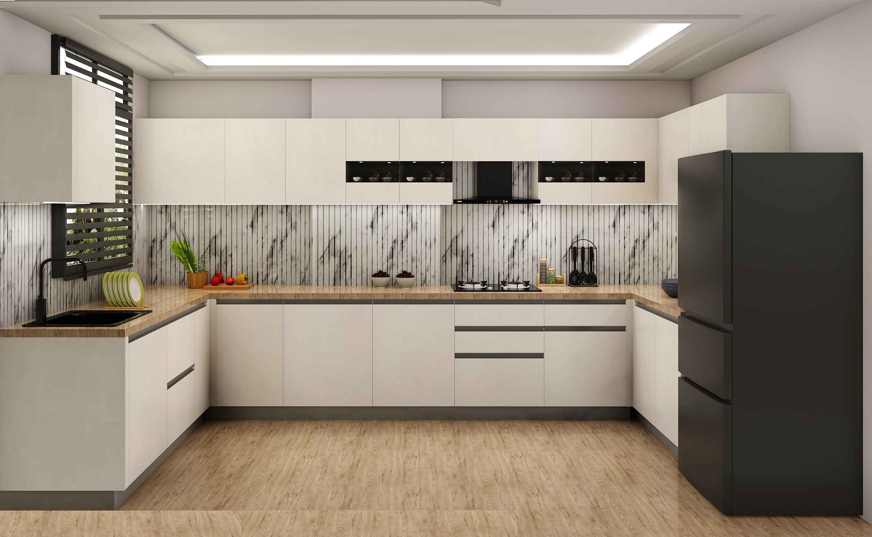 White Brown Polished U Shaped Modular Kitchen Design