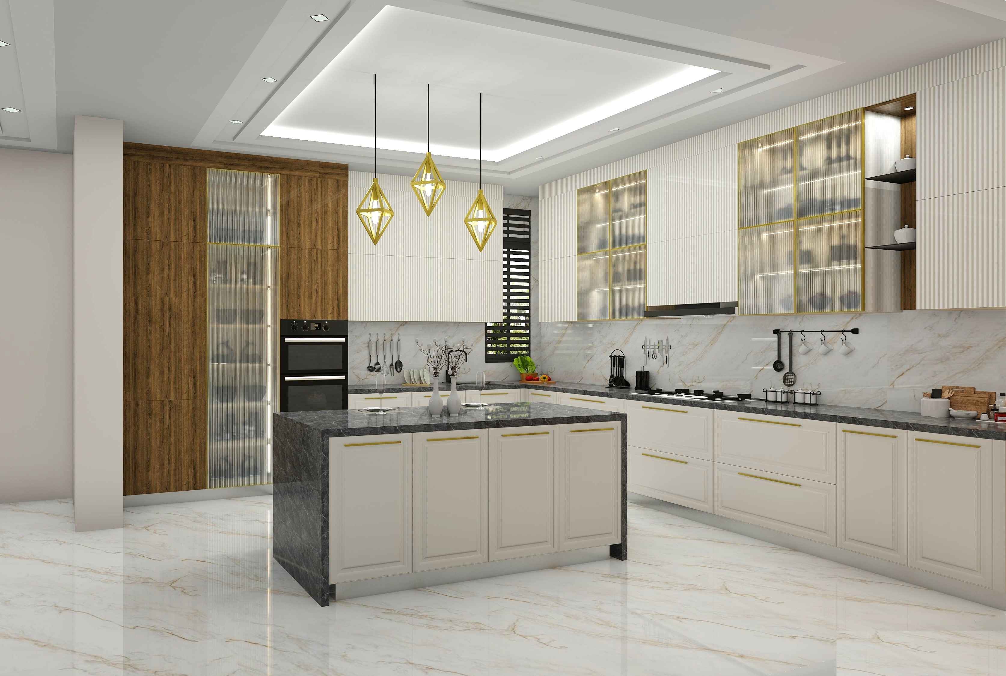 White Grey Polished Island Modular Kitchen Design